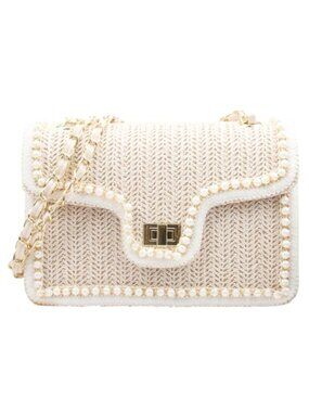 Straw Shoulder Bag with Pearls, Summer Crossbody Beach Purse